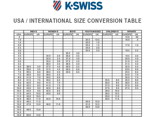 K Swiss Shoe Size Chart